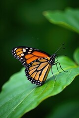 Fototapeta premium Close-up of a monarch butterfly on a leaf with veins and edges , leaves, flight