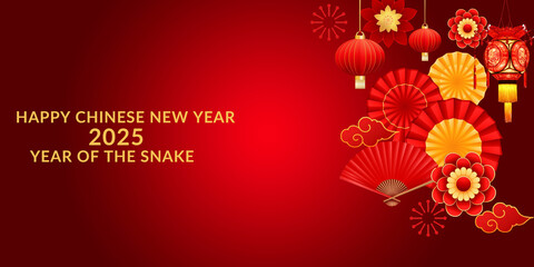 chinese new year greeting card with flowers, happy luner new year banner with red elements on red background.