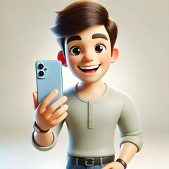 Smiling cartoon-style boy holding a smartphone for a selfie