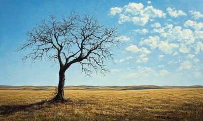A tree stands alone in an empty meadow with no leaves left to rustle in the wind, empty meadow, landscape, nature