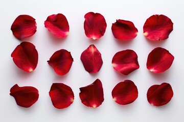 Fototapeta premium Set of 16 red rose petals on white background