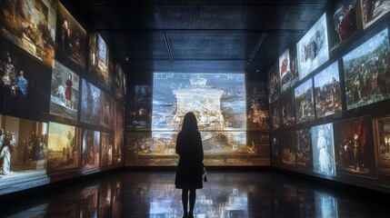 Woman observes immersive digital art display in interactive exhibition room