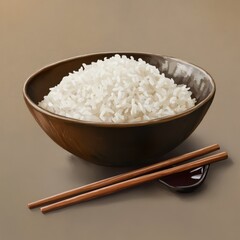 Close-up of a rice bowl with chopsticks and soy sauce. Featuring a simple and authentic Asian meal. Highlighting the texture and taste of plain rice. Ideal for food and culinary themes.