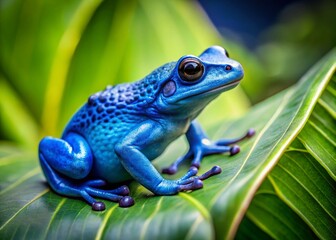 Obraz premium Vibrant Blue Frog Perched on Lush Green Leaf - Nature Stock Photo