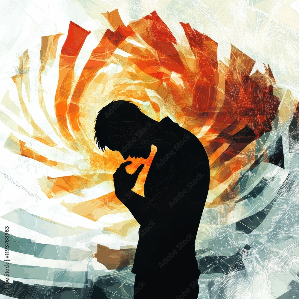 Leinwandbilder Struggling with inner pain while surrounded by abstract waves and sharp shapes. Generative AI
