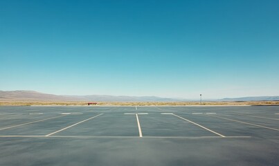 A vast empty parking lot against the clear blue sky, lone vehicle, boundless sky