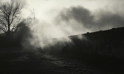 Fototapeta premium A dense cloud of smoke hangs in the air, casting a shadow over the landscape, ominous, wall, shadowy, dark
