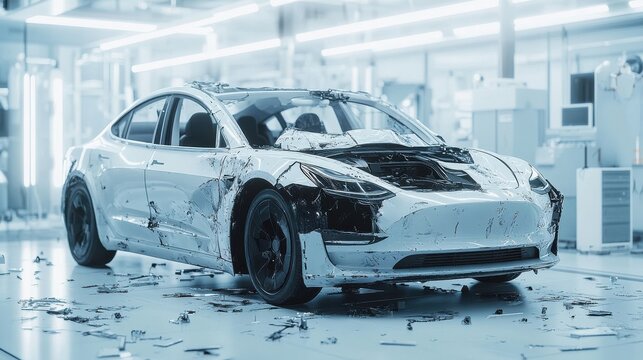 Damaged futuristic electric car in an automotive testing facility