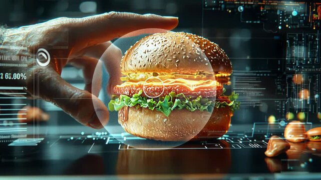 Futuristic technology showcases advanced AI analyzing a hamburger, highlighting its ingredients and design. This exploration focuses on culinary innovation and engineering.
