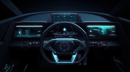 Futuristic car interior with advanced digital dashboard and holographic displays
