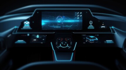 Futuristic car dashboard with holographic UI and advanced digital displays