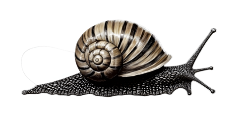 A black and white drawing of a snail