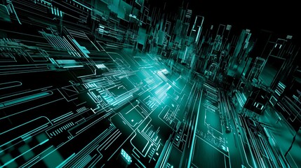 Abstract Futuristic Cityscape Digital Art Neon Lines Circuit Board Technology Background
