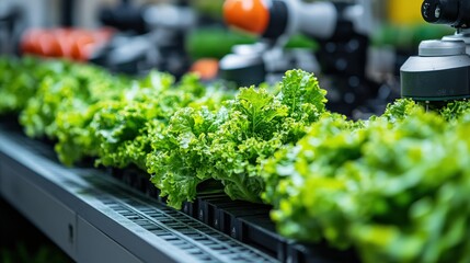 Fresh Green Lettuce Leaves on Conveyer Belt in Modern Agricultural Facility Showcasing Innovations in Hydroponics and Urban Farming Techniques to Enhance Food Production