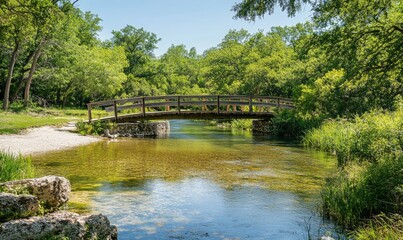 A scenic wooden bridge spanning a clear river with a lush summer backdrop, greenery, river