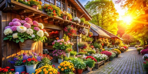 Vibrant Flower Shop Landscape: Sunlit Blooms & Rustic Charm