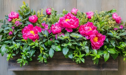 A vibrant bouquet of bright pink peony flowers surrounded by lush greenery and foliage in a large wooden planter