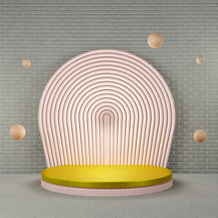Obraz premium 3D Gold circular platform on light pink base, layer arched pink frame behind, gray brick background, floating light brown spheres. Minimalist design with retro touch.