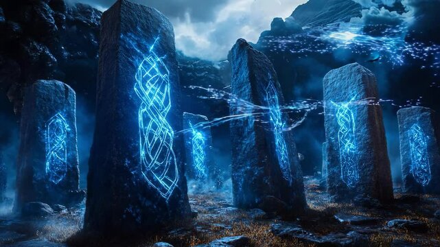 Mystical Glowing Rune Stones Seamless Loop Background Video