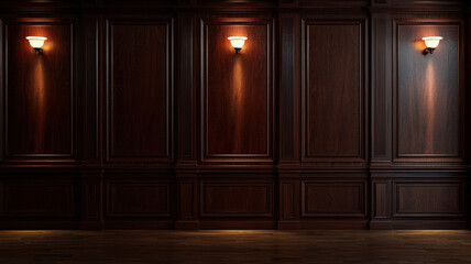 A rich mahogany wood wall with subtle engravings and warm spotlighting, providing a traditional, elegant backdrop perfect for showcasing high-end, classic product displays.
