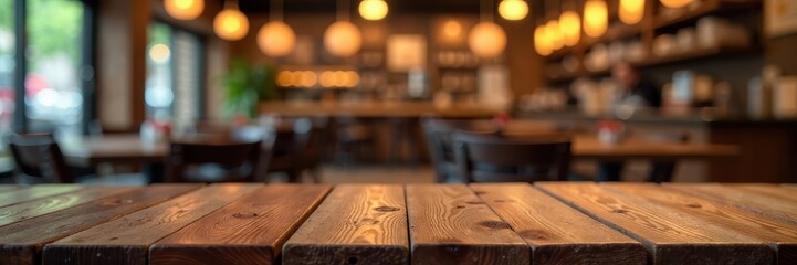 Warm wooden tabletop, bokeh restaurant background, evening, food