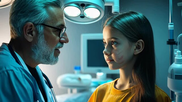 A young girl with a visible wound on her cheek is being assessed by a doctor in a medical setting. The examination takes place in a well-lit clinic environment.