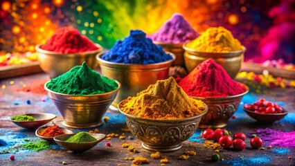 Fototapeta premium Vibrant Holi Festival Celebration in India: Colorful Powder, Thandai Drinks, and Festive Decorations