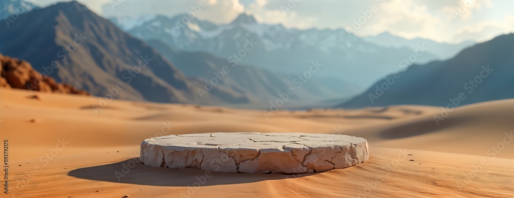 Poster desert landscape with large stone dais in middle. mountain range, sky with light clouds create pictu