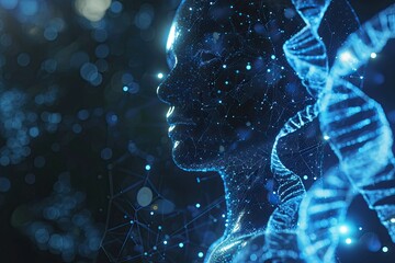 Man DNA genetic of human on virtual interface, communication with ai concept
