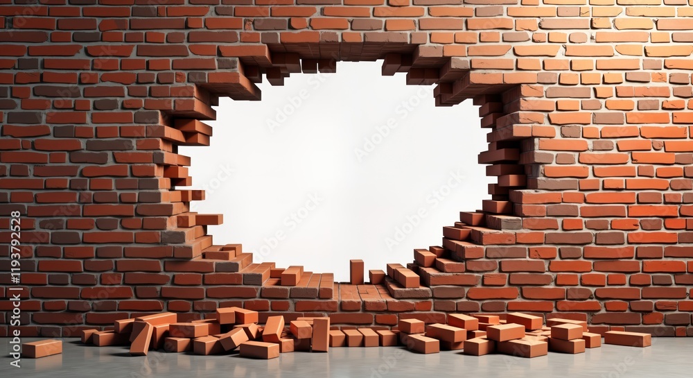 Poster damaged brick wall with large opening shows broken structure. brick blocks scattered on floor. textu