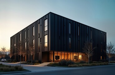 Fototapeta premium Modern black building at dusk. Exterior of minimalist architecture. People are inside building. Landscaping in front. Urban setting. Contemporary design. Sleek facade. New construction.