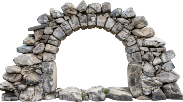 Ancient stone archway with weathered stones, isolated on white background
