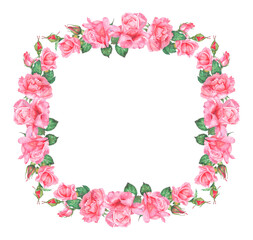 Watercolor illustration frame of pink roses. Hand painted watercolor illustration of a frame of pink roses. Ideas for weddings, birthdays, children's parties.