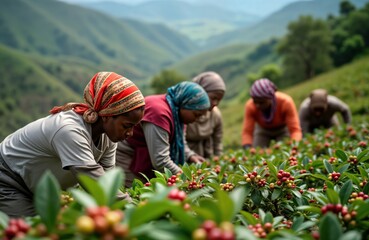 African women farmers harvest coffee beans on plantation in Ethiopian highlands. Work diligently among vibrant green plants, red ripe coffee cherries. Agriculture, traditional practice, supports