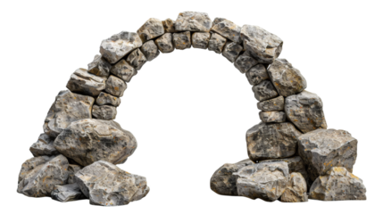 Ancient stone archway with weathered stones, isolated on white background