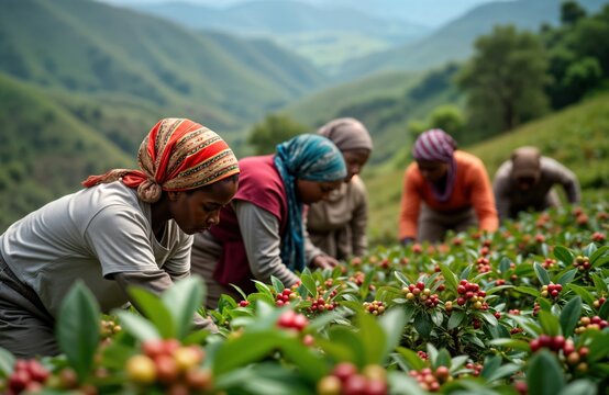 African women farmers harvest coffee beans on plantation in Ethiopian highlands. Work diligently among vibrant green plants, red ripe coffee cherries. Agriculture, traditional practice, supports