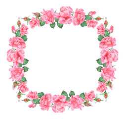 Watercolor illustration frame of pink roses. Hand painted watercolor illustration of a frame of pink roses. Ideas for weddings, birthdays, children's parties.
