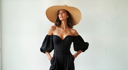 Stylish woman poses outdoors in black jumpsuit, big straw hat. Elegant, glamorous high fashion model. Urban setting. Fashionable summer outfit. Travel concept. Focus on style, elegance. Perfect for