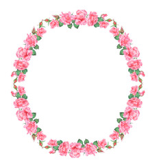 Watercolor illustration frame of pink roses. Hand painted watercolor illustration of a frame of pink roses. Ideas for weddings, birthdays, children's parties.