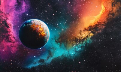 A shimmering aurora-like spectacle dances across the polar skies of a distant planet, colorful, cosmic