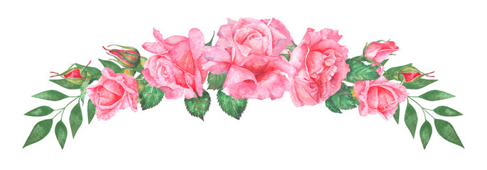 Watercolor illustration of a garland of pink roses. Hand painted watercolor illustration of a garland of pink roses. Ideas for weddings, virtual days, children's parties.