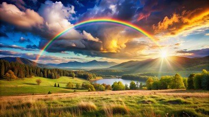 Naklejka premium Vibrant Rainbow Landscape Pride Month Background with Copy Space