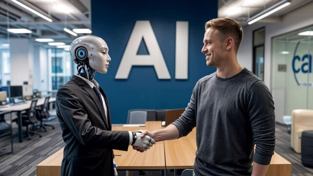 a human hand shaking with a droid robot in front of a modern and minimalist software office. 