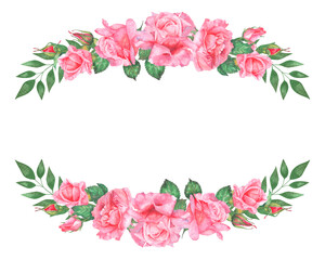 Watercolor illustration frame of large pink roses. Hand painted watercolor illustration of a frame of pink roses. Ideas for weddings, birthdays, children's parties.