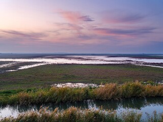 Landscape at the Hortobagy Great Fishponds (Hortobagy-Halasto) in the National Park Hortobagy, listed as UNESCO World Heritage Site and Ramsar site. Eastern Europe, Hungary.