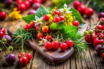Vibrant Red Epimedium x Rubrum Flowers with Fresh Herbs and Berries &ndash; Gourmet Food Photography