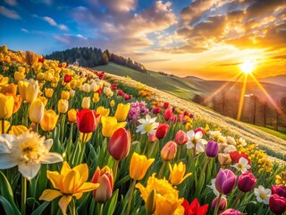 Vibrant Spring Hilltop: Daffodils and Tulips in Full Bloom