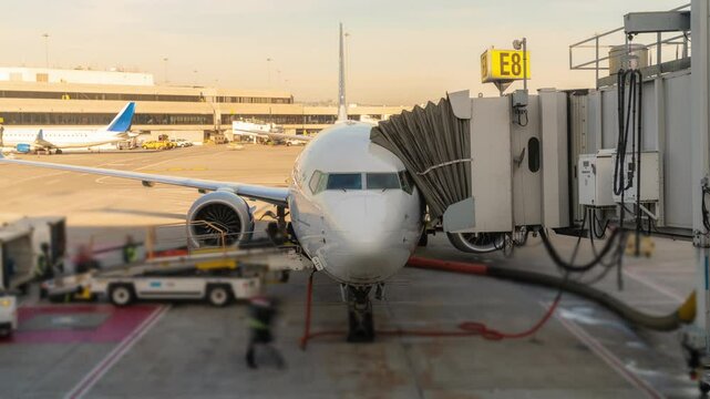 Time Lapse of Airplane Loading at Airport Terminal Gate Before Taxi and Takeoff
