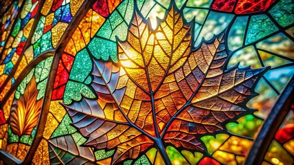 Vibrant Stained Glass Leaf Window Background - High-Resolution Stock Photo