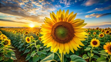Obraz premium Vibrant Sunflower Field: Single Bloom Close-up, Lush Green Leaves, Sunny Day